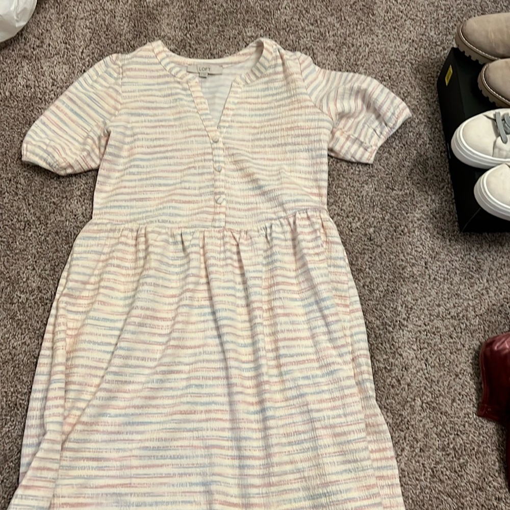 Loft cream dress size small. Cream with color accent skinny stripes.